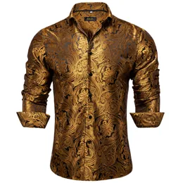 Gold Paisley Seidenhemden für Männer Langarm Langarmmaschine Luxusmarke Tuxedo Hochzeitsfeier Kleidung Dibuant 240409
