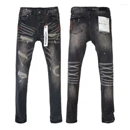 Jeans masculinos Marca roxa masculino Hip Hop Labelado Reparado Preto Reparado Pontas de jeans skinny