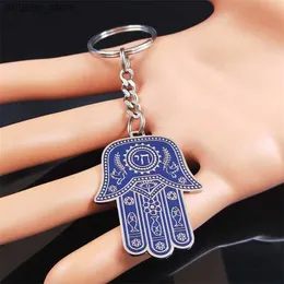 Keychains Lanyards Rostfritt stål Hamsa Handfiskögon Keychain Blue Silver Color Hand Of Fatima Hebrew Judendom Hexagram Keyring Jewelry K3706S02 Y240417