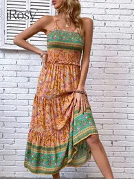 In Floral Boho Dresses for Woman Viscose Summer Long Sundress Elegant Shirring Cami Dress Female Vacation Beach Outfits 240411