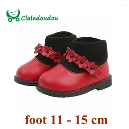 Stövlar Claladoudou 12-15.5 cm Brand Pu Leather Sticking Baby Flower för tidig vinter Thin Velvet Toddler Red Ankle Shoes