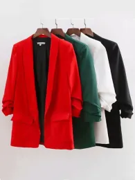 T-Shirt Retro Candy Solid Color Ruched Cuff Mid Long Blazer with Lining Woman Shawl Collar Slim Fit Suit Casual Jacket Coat Outerwear