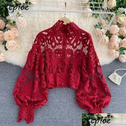 Женские блузкие рубашки Neploe Lace Y Hollow Out Stand Room Short Color 2021 All-Match Zip Femme Blusas Chic Lantern Eleve Dhxmg