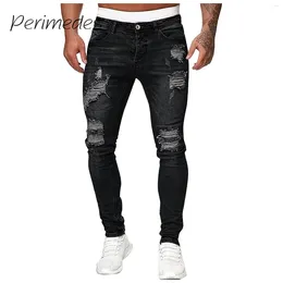 Calça masculina Casual Slim Fitness 2024 jeans de jeans jeans de jeans rasgados de cor sólida angustiada