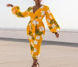 Gelb gedrucktes Kleid gegen Nacken weiße Blume lange Laternenhülse Körpercon High Taille Frauen Vestidos Afrikanische Damen plus Größe XL Robe8911024