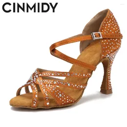 أحذية الرقص Cinmidy Women Party Satin Rhinestones Soft Bottom Latin Woman Salsa Dancing Sandals Wedding