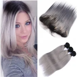 Tramas retas 1b/ombre cinza ombre Virgem peruan Human Hair 3bundles lida com frontais ombre prateado encerramento de renda cinza 13x4 com nós