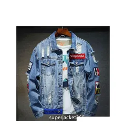 Mens Jackets Patchwork Frayed Rock Vintage Black Blue Denim Jacket Men Punk Sudadera Hole Streetwear Hip Hop Ruched Washed Drop Delive Dhuw2