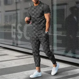 Erkek takım elbise 2 adet set jogger kıyafeti 3d baskılı vintage sokak kıyafeti kısa kol t shirtlong pantolon erkek giyim 240411