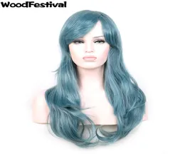 Woodfestival Rozen Maiden Wig Cosplay Blue Long Wavy Wigs Bangs syntetiska lockigt hårvärmebeständigt fiber mode9550298