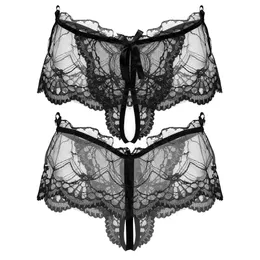 Panties Sissy Male Gay Underwear Men's See-through Lace Open Crotch Thongs T-back Low Waist Bowknot Lingerie Underpants