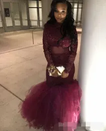 2024 Burgundy Black Girls Prom Dresses Long Sleeves Illusion Bodice Lace Appliqued Tulle Mermaid Squins 형식 행사 착용 이브닝 가운