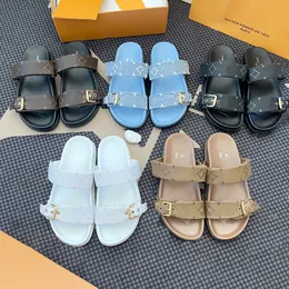 Kadınlar Erkek 10a Tasarımcı Kaydırıcıları Bom Dia Düz Mule Konfor Sandal Lüks Serim Deri Ayakkabı Çiçek Kenarday Slide Kahverengi Yaz Kauçuk Plaj Ayakkabıları Loafer Seyahat Sandale