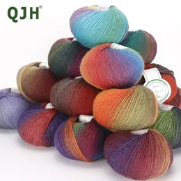 QJH 4Skeins Rainbow Soft Yarn 100ウールグラデーションマルチカラーかぎ針編みのための編みniy手編み240411