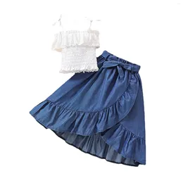 Giyim setleri yaz kızlar sevimli set bebek işlemeli kol üst dantel denim etek çocuklar için uygun preemie ikiz kız kıyafetleri