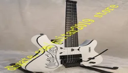 흰색 바디와 목 사자 머리없는 일렉트릭 기타 및 로즈 우드 프렛 보드와 검은 색 하드 와어 6337297