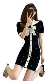 Women fashion rhinestone bow casual dresses short sleeve knitted shinny bling desinger dress plus size SMLXL