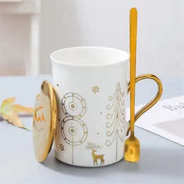 Muggar keramiska jul kaffemugg kreativa ljus lyx par vatten kopp porslin mjölk med lock och sked kontor tecup gåva