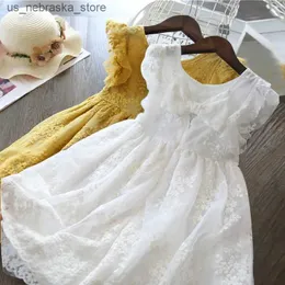 Платья для девочек летнее платье девушка вышитая цветочная одежда День рождения 3-8-летний ребенок белый белый первый коммуникационная одежда Элегантная девочка свадебное платье Q240418