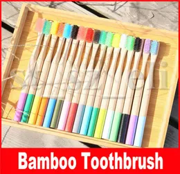 Gökkuşağı bambu diş fırçası 17 renk yuvarlak bambu sap siyah kıllar yetişkin tandenborstel ahşap sap düşük karbonlu diş fırçası3122936