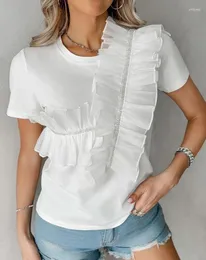 여자 T 셔츠 여성 블라우스 탑 캐주얼 일일 단색 깎아 지른 깎아 지른 패치 패치 주름 밑단 둥근 목 짧은 슬리브 티셔츠 패션 여름
