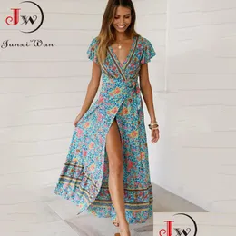 Basic Casual Kleider Sommer Maxi Kleid Frauen Kurzarm gegen Nackenblumendruck Boho Beach Long S5xl y Split Party Robe Drop Lieferung DHS70