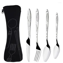 Conjuntos de utensílios de jantar 4pcs Conjunto portátil de aço inoxidável de aço inoxidável Faca bife de faca de talheres de viagem com bolsa