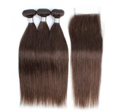 Pocałunek włosów kolor 4 czekoladowe brązowe proste włosy 3 wiązki z koronkowym zamknięciem surowe dziewicze Indian Remy Remy Human Hair Extensions6467189