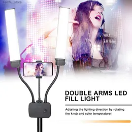 Kontinuerlig belysningsskönhet Förbättrande fotografering LED Ring Ljus Dual Arm Fill Light Live Streaming Self Photo Light för TIKTOP YouTube FB ECT Y240418