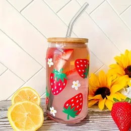 Wine Glasses 16oz Strawberry Pattern High Borosilicate Clear Drinking Glass Can With Bamboo Lid Custom Sticker Gift For Couple Friends
