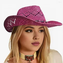 Wide Brim Hats Bead Decor Straw Hat Stylish Western Cowboy Style With Adjustable Windproof Strap Foldable For Outdoor