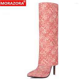 Botas Morazora Big Size 34-47 Cloth Feminino Salto de joelho de joelho