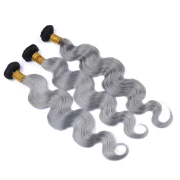 wefts 검은 색과 은색 처녀 인간 머리 직조 묶음 3pcs 바디 웨이브 웨이브 #1B/그레이 오브 옴브 브라질 인간 헤어 efts Extensions dar