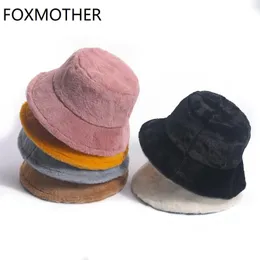 Foxmother kış açık tatil bayan panama siyah katı kalınlaşmış yumuşak sıcak balık tutma şapkası sahte kürk tavşan kova şapka kadınlar için 240323