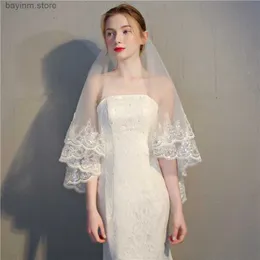 Hochzeitshaarschmuck Großhandel weiße Elfenbein Zwei Schichten Braut Hochzeit Schleier Spitzenkante sexy Kurzbrautschleier