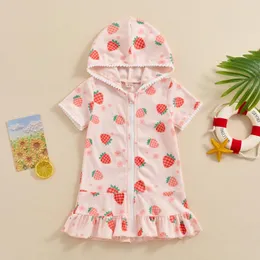 Vestidos de menina infantil de bebê de bebê tampa up roupas de praia de manga curta Morango com zíper de roupas de banho de roupas de banho de praia Cobertão de banheira com capuz