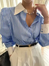 Jmprs Elegant Women Shirts Korean Striped Red Fashion Turn Down Collar Office Ladies Tops Long Sleeve Causal Female Blouse 240416