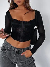 القمصان النسائية النساء s mesh mesh corset اقتصاص أعلى الأكمام طويلة الأكمام منادي