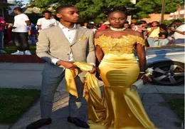 2019 South African Shiny Gold Prom Kleider sexy Offshoulder Applique Spitzenabendkleider Lange Meerjungfrau Party Vestido9095762