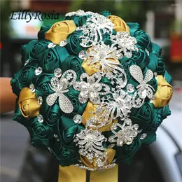 Wedding Flowers EillyRosia Satin Brooch Bouquet Emerald Green Gold Roses Silk Ribbon Crystals Holding Custom Made Color Bride