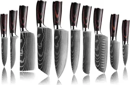 Hochqualität 7CR17MOV Edelstahlkoch Messer Set Japanische scharfe Küche Cleaver Utility Santoku Laser Damaskus Muster7601040 in Scheiben schneiden