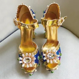 Boots New Highheeled Chunkyheeled Sandals 14cm Fish Mouth Rhinestone Gem Embroidery Highheeled Shoes Platform Stage Shoes