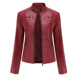 soerte カバーオール Stand collar leather Womens Slim Fit Leather Ladies Leather Jacket With Stand