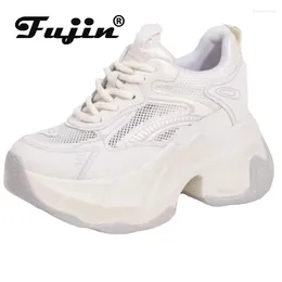Casual Shoes Fujin 9cm Air Mesh TPU Genuine Leather Heels Women Breathable Hollow Platform Wedge Flats Summer Ethnic Chunky Sneaker
