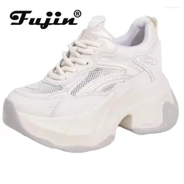 Buty swobodne Fujin 9cm Air Mesh TPU oryginalne skórzane obcasy Kobiety oddychający pusta platforma klinowe płaskie letnie etniczne grube trampki