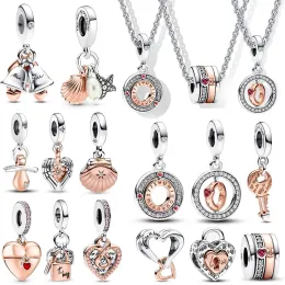 925 Sterling Silver Fit Women Charms Bransoletka Koraliki Charm Rose Gold Heart Charm Bead