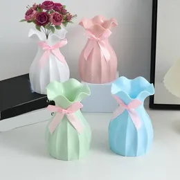 Vases Plastic Flower Vase With Pink Bowknot Unbreakable Solid Modern Wavy Opening Desktop Plant Home Decor Housewarming Gift