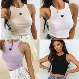 PR-A heiße Sommer White Women T-Shirt Tops Tees Crop Stickerei sexy schulter schwarzer Tank lässige ärmellose Rückenfreie Top-Hemden Designer Feste Farbweste