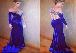 Royal Blue Velvet Mermaid Evening Dress 2022 New Aweetheart One Shoulder Crystal Beaded Long Sleeve 섹시 공식 가운 Part7767548