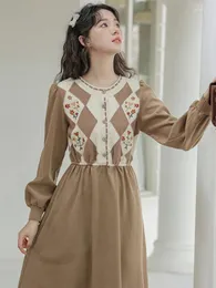 Casual Dresses Vintage Korean Women Woolen Sticking Dress Autumn Winter Puff Sleeve Mori Girl Slim Midja Midi Long Vestido Festa